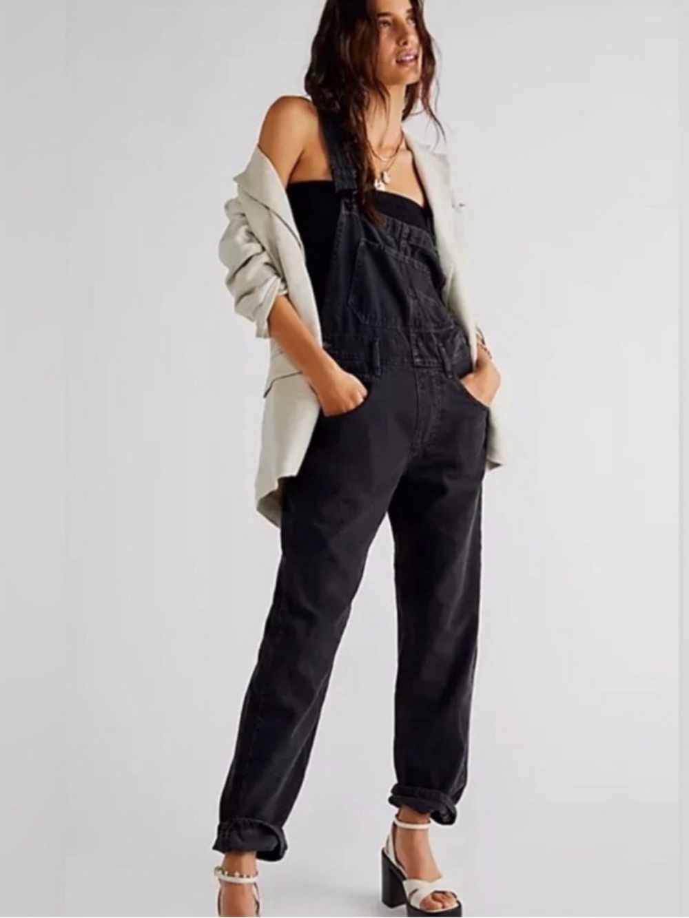 We The Free Ziggy Black Women's Denim Straight Leg Overalls | Size Large
